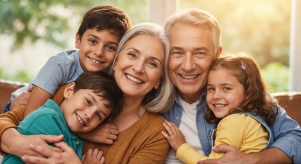 Obraz premium Happy family portrait with grandparents and children embraced in warm smiles. Grandparents share joyful moments with grandchildren in cozy living room,