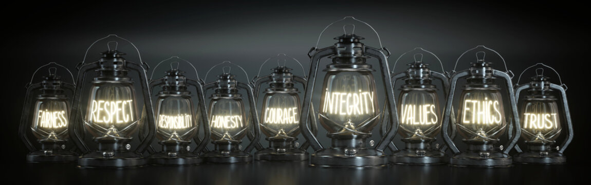 Integrity, Respect, Honesty - Vintage Kerosene Lanterns - 3d illustration
