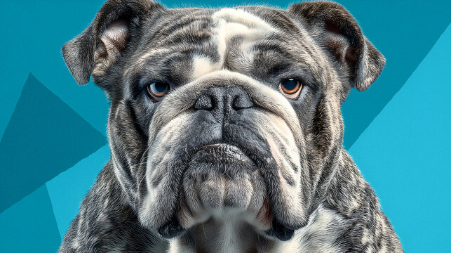 Grumpy bulldog with exaggerated angry expression and wrinkled face against blue background. dog fur is brindle with distinctive markings, and its eyes convey humorous intensity