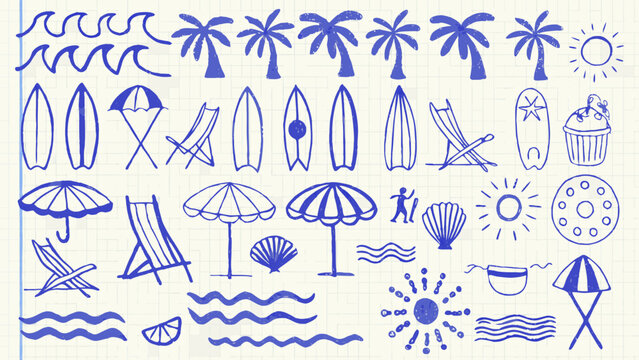 Beach themed doodles in blue ink a hand drawn vector illustration on lined graph paper background