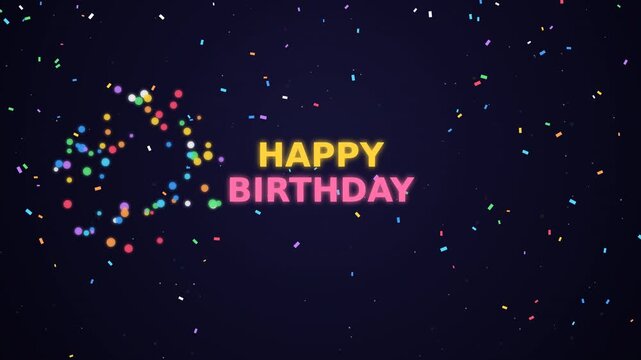 Happy Birthday video footage with cake and confetti in dark background