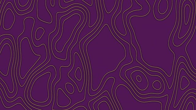Abstract purple background featuring elegant gold topographic contour lines forming organic flowing shapes. Modern minimalist composition with smooth layered patterns, refined contrast, and luxurious 