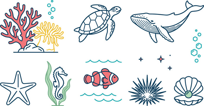Underwater Sea Life Icon Set with Whale, Turtle, Clownfish, Seahorse, and Coral Reef Elements for Ocean Themed Designs