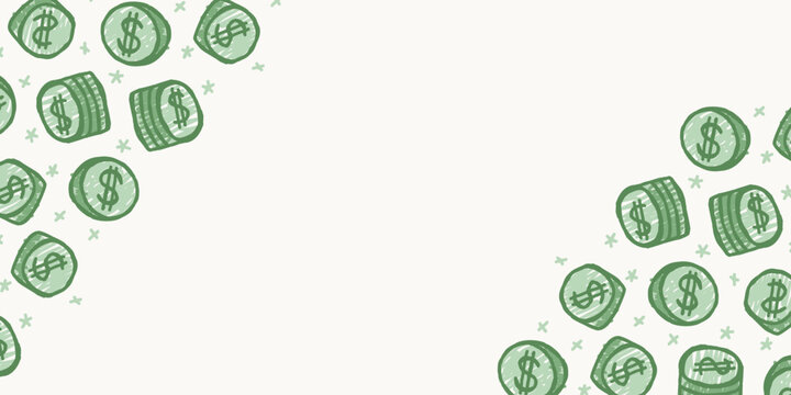 Horizontal presentation banner backdrop template with hand drawn cute green coin corner decorations
