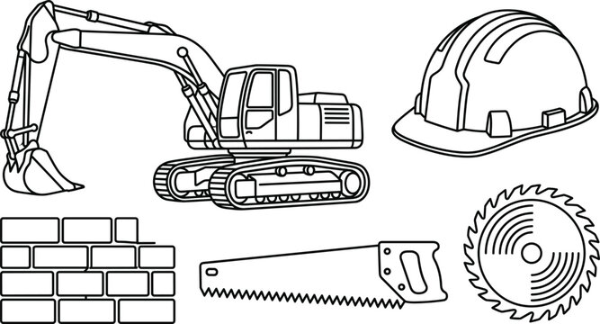 Construction and Building Site Icon Set with Excavator Digger, Hard Hat, Brick Wall, and Saw Vectors for Industrial Designs