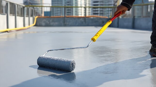 Worker Applying Waterproofing Coating to Rooftop Surface with Paint Roller.