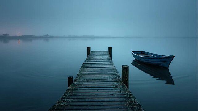 Rustic pier extending into foggy blue lake water.