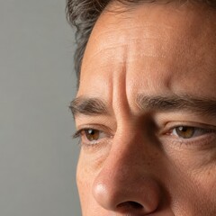 Naklejka premium Closeup of thoughtful middle aged person with brown eyes and natural skin texture in neutral light