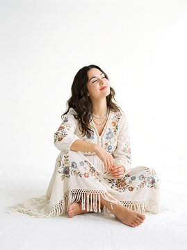 Studio Fashion Portrait of Woman in Embroidered Bohemian Gown