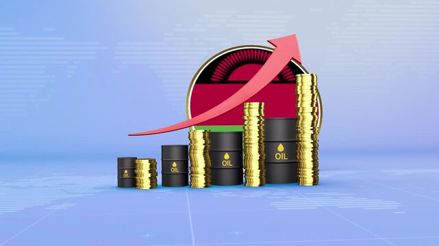 Malawi Oil Prices Rising with Oil Barrels, Gold Coins and Upward Red Arrow, 3D Economic and Financial Market Concept