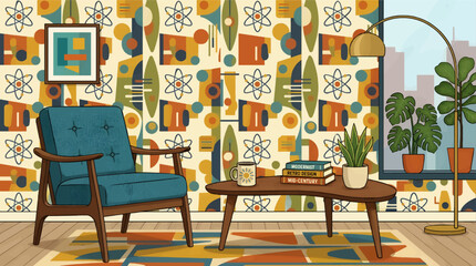 Mid Century Modern Living Room Interior with Teal Armchair and Kidney Coffee Table, Atomic Age Pattern Wallpaper, Retro Furniture and Potted Houseplants, Flat Vector Illustration © Teguh