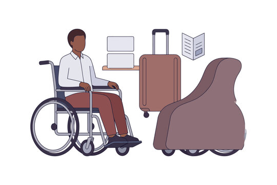 African male adult in wheelchair with luggage at airport lounge.