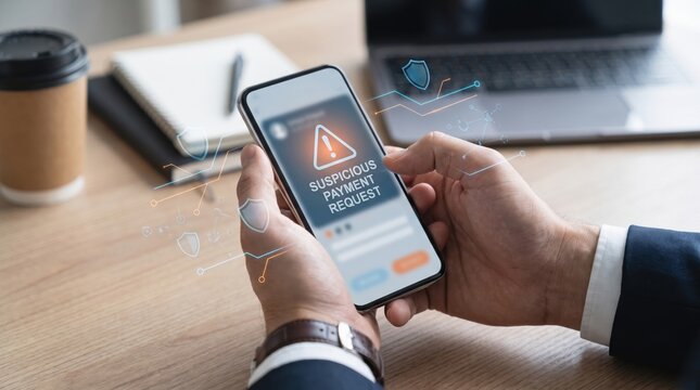 Smartphone AI Security and Payment Risk concept. Mobile phone displaying a suspicious payment request alert with cybersecurity icons.