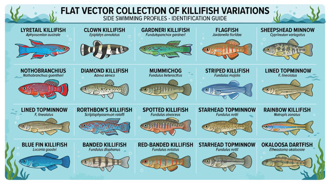 Flat vector collection of killifish variations and topminnow species, side swimming profiles identification guide, aquatic life