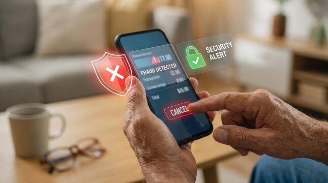 Smartphone AI Security and Payment Risk concept. Elderly person using smartphone showing fraud alert and security warning.
