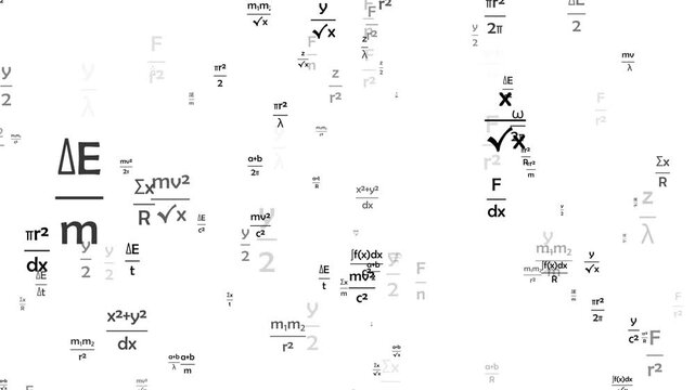 physics formulae flying toward screen on the white background