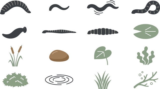 Flat vector icon set of aquatic worms leeches and pond life elements for biology education and nature design