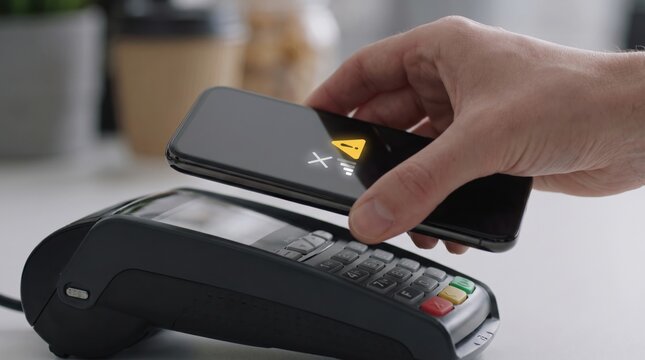 Smartphone AI Security and Payment Risk concept. Person using smartphone for contactless payment on a card reader terminal