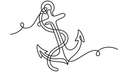 Continuous line drawing of an anchor with rope on white background © AbdullahAl