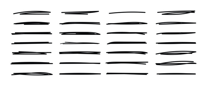 Hand drawn doodle underlines vector illustration set. Black marker brush strokes, highlights, and emphasis lines isolated on a white background.
