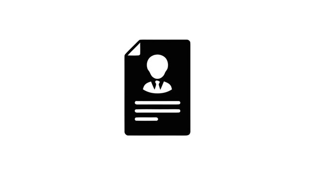 Black and white flat icon of a professional resume or curriculum vitae document for job application, editorial use only