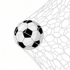 Fototapeta premium Soccer ball hitting goal net, isolated on white background, representing a scored goal, victory, or success in a sports game or competition.