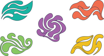 Fototapeta premium Abstract organic shapes set, colorful fluid wave elements, 5 decorative liquid swirl vector icons for modern branding and graphic design