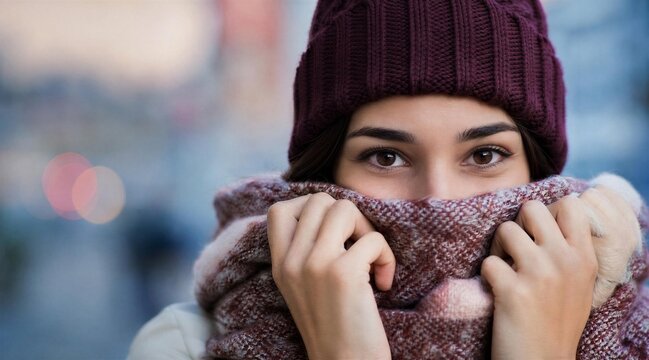 Woman in Winter Beanie and Scarf on City Street