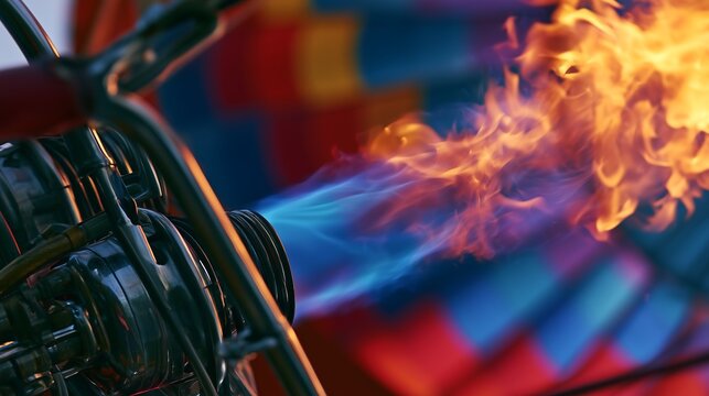 Realistic illustration of a hot air balloon burner blasting dynamic blue and orange flames.