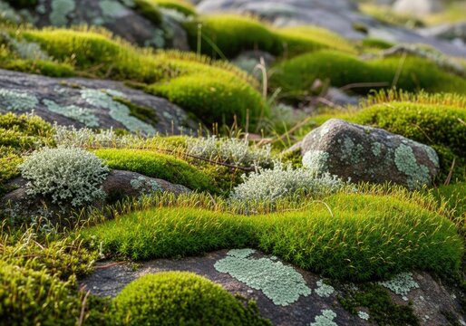 Mixed moss and lichen covering sunlit forest stones.