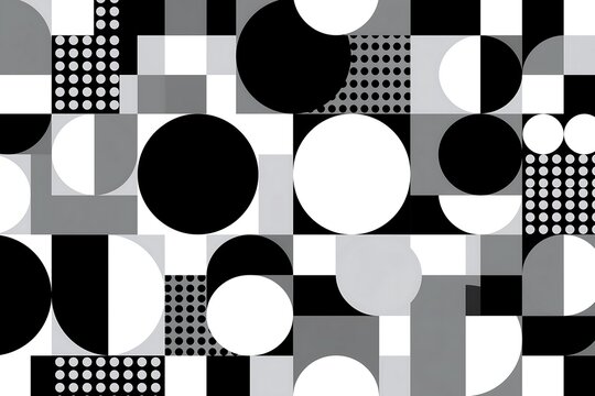 Geometric abstract pattern background with monochrome circles and squares.