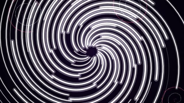 White light circular patterns spinning abstract design on a dark background. Futuristic art suitable for digital backgrounds or technology themes.