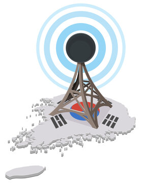 3D isometric map of South Korea with national flag and telecommunication tower broadcasting signal waves representing digital network, connectivity and technology (cut out)