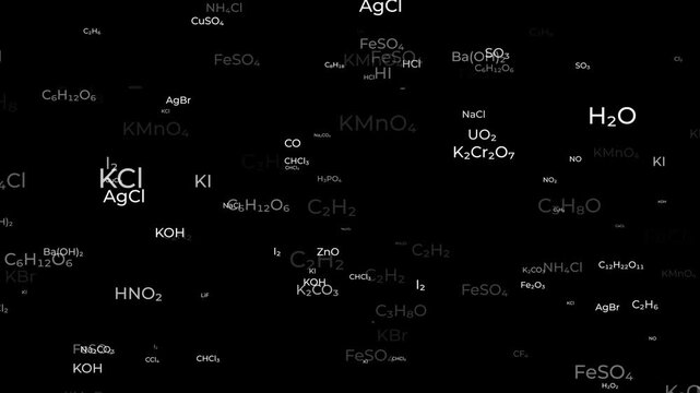 Chemistry formulas travel through the space moving toward screen. 4k chemical education background