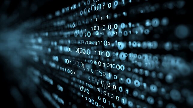 Abstract digital background with glowing binary code stream.