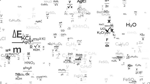 mathematics algebra trigonometry integral equation and chemistry chemical empirical formula floating on white background