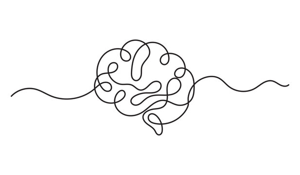 Continuous line drawing of a human brain representing intelligence, mental health and creative thinking minimalist style vector illustration on white background