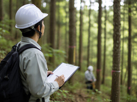 森林管理業務で現地確認を行う森林調査員