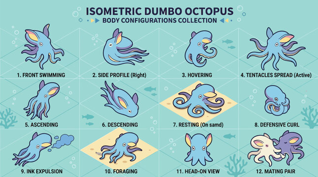 Isometric dumbo octopus body configurations collection showing various swimming and resting poses for marine study