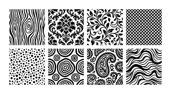 Monochromatic Vector Patterns: Wood Grain, Damask, Floral, Checkered, Dots, Circles, Paisley, Waves