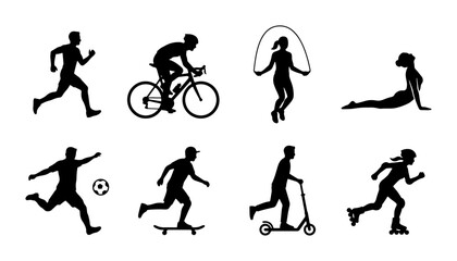 Obraz premium Diverse Sports Silhouettes: Running, Cycling, Yoga, Soccer, Skateboarding, Scooter, Jump Rope, Rollerblading