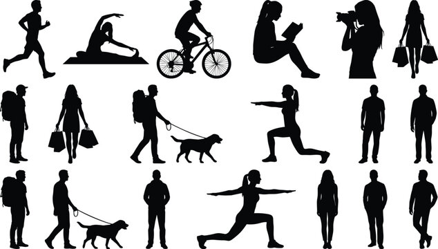 People Lifestyle Silhouette Collection with Fitness Reading Cycling Walking and Everyday Activity Vector Set