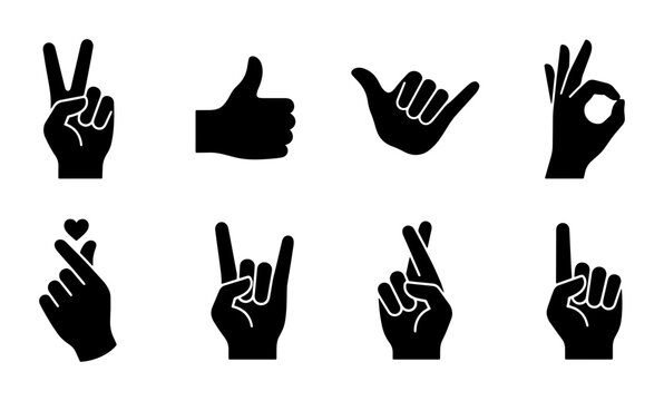 Hand Gestures Vector Icons: Peace, Thumbs Up, Shaka, OK, Heart, Rock On, Crossed Fingers, Pointing