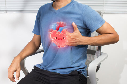 Heart palpitations concept featuring a man holding his chest with a sad cartoon heart illustration representing irregular heartbeat and cardiovascular discomfort. Heart disease. Heart attack
