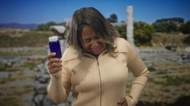 Middleaged woman holding blue bottle and wincing with hand on abdomen beside building ruins; discomfort concern.