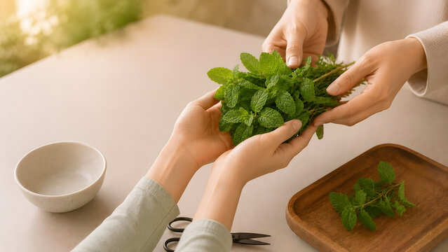 Anonymous Hands Sharing Fresh Mint Leaves for Herbal Tea Preparation