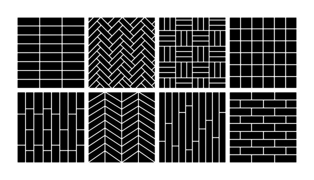 Eight Black and White Geometric Tile Patterns, Vector Textures for Interior Design and Architectural Backgrounds