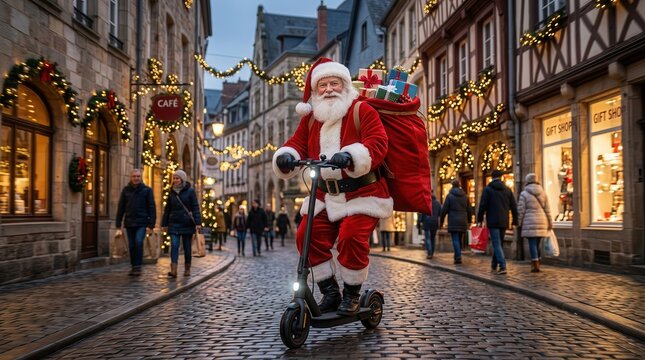 Santa with a sack of gifts on his back rides a scooter along a European street