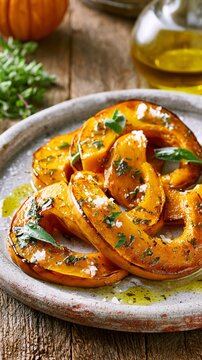 Roasted butternut squash slices seasoned with herbs and sea salt.