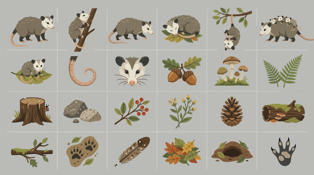 Modern editorial flat vector collection of opossums and woodland elements, featuring animals, nests, mushrooms, acorns, and forest floor details.